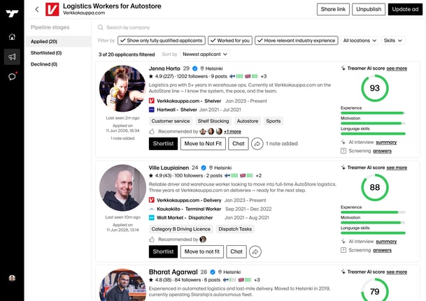 Applicant list UI